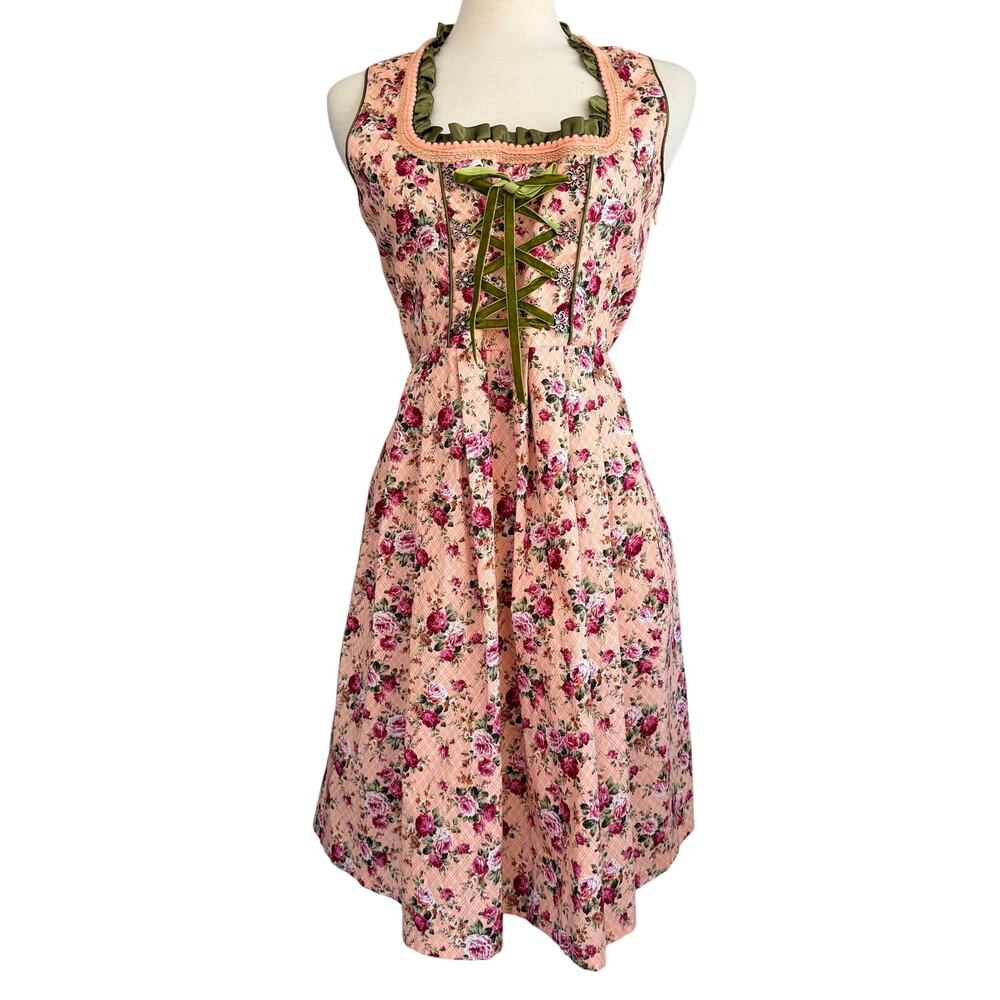 Dirndl Cottagecore Floral Dress Lace Up Bodice Velvet Ribbon Peach Cotton NWT L